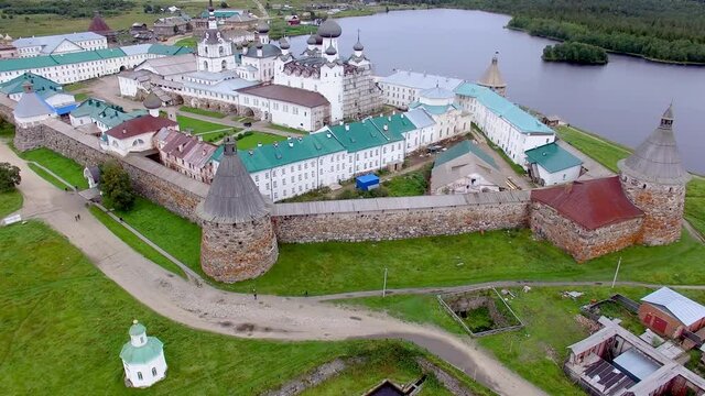 Solovki Russia kremlin aerial drone footage, tourism of north White Sea, panoram flight 4K