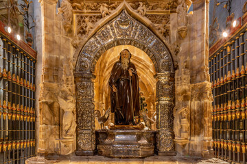 Inside View of Interior Decoration in the Cathedral of Santo Domingo de la Calzada, along the Way of St James Pilgrim Trail Camino de Santiago, with Statue of St Domingo - obrazy, fototapety, plakaty