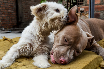 Two dogs of different breeds show love and respect.