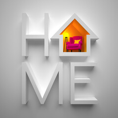 The HOME word, where the letter O is made in the shape of a cozy house with an abstract interior in warm colors, on a white background. 3d render illustration.