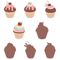 set of cupcakes, illustration of cupcakes isolated on a white background