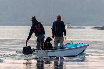 Two men and a dog heading out on skiff to work on Lobster boat Maine  