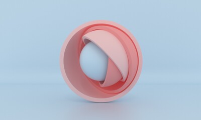 Minimal 3d design, ball hidden inside pastel pink hemispheres, opening layers. Abstract geometric objects. Modern and futuristic image