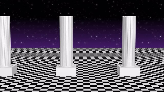 Antique column pillars and checkered floor animation. retro vaporwave style. starry sky, Realistic 3d render. synthwave abstract loopable background