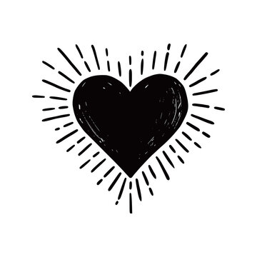 Heart hipster sunburst. Hand drawn sketch style. Black heart vector illustration for grunge frame, love quote.