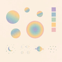 Set of space objects. Abstract retro illustration. Planets, stars, circle. Design for greeting card, logo, pattern, posters, invitation