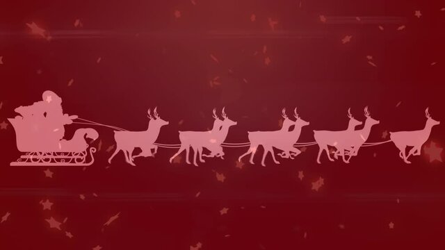 Animation of santa claus in sleigh with reindeer and stars falling over background with red filter