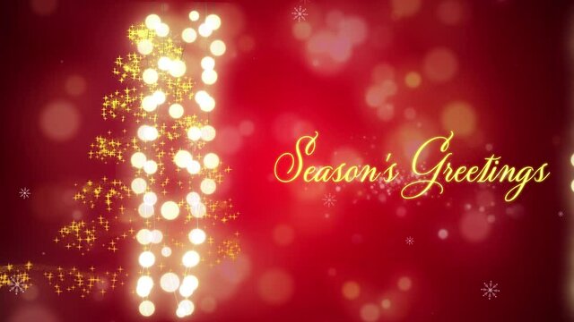 Animation of christmas greetings and fairy lights over red background