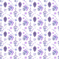 Christmas seamless pattern with the cones, bells and candies in blue and purple color range. Watercolor hand drawn elements, white isolated background. Stylish design for wrapping paper, giftware. 