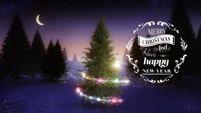 Animation of christmas greetings over winter landscape background with christmas tree