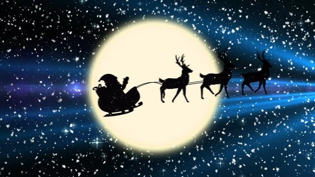 Santa claus in sleigh being pulled by reindeers against shining stars an moon in the night sky