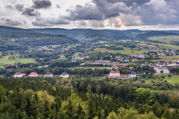 Fototapeta na wymiar Aerial view of Szczytna town from Szczytnik mountain in the region of Lower Silesia, Poland