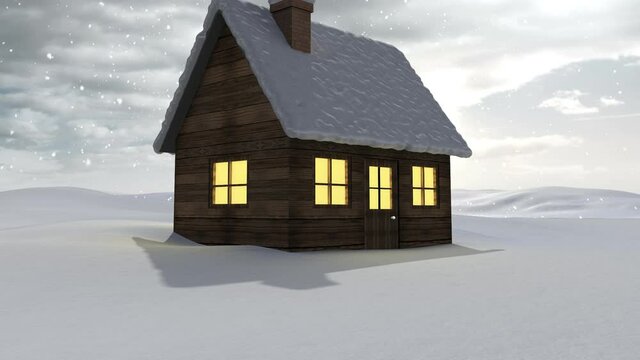 Animation of snow falling over over house in winter scenery