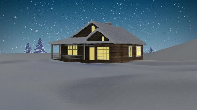 Animation of snow falling over over house in winter scenery