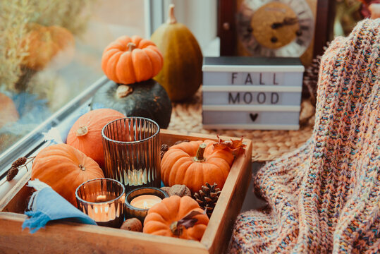 Autumn cozy mood composition on the windowsill. Pumpkins, cones, candles on wooden tray, blurred Fall mood message on lightbox, warm plaid. Autumn, fall, hygge home decor. Selective focus. Copy space.