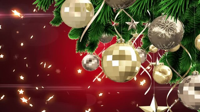 Animation of christmas boubles over redm background with stars falling
