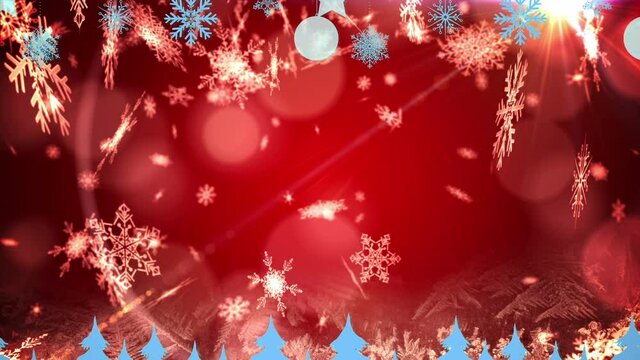 Animation of christmas boubles and trees over red background with snow falling