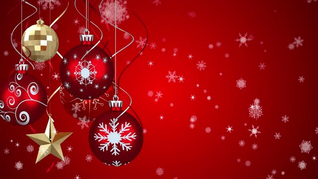 Animation of christmas boubles and snow falling over red background