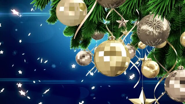 Animation of christmas boubles and stars falling over blue background
