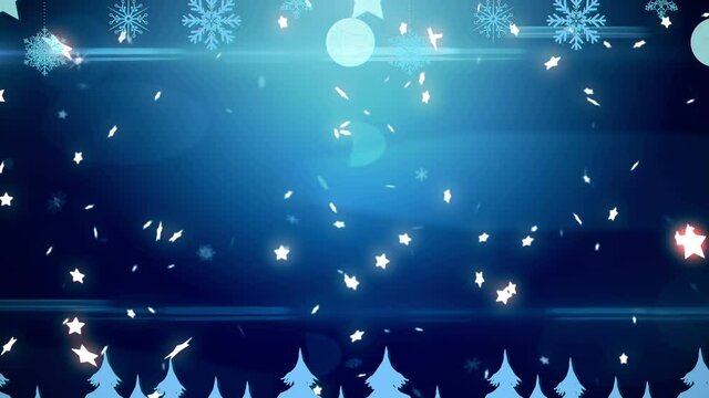 Animation of christmas boubles and trees, snow and stars falling over blue background