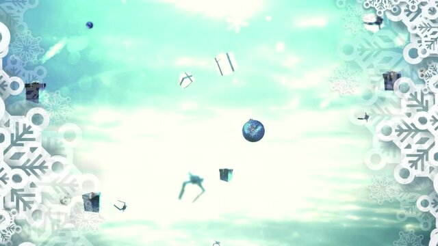 Animation of christmas boubles, presents and snow falling over blue background with bokeh