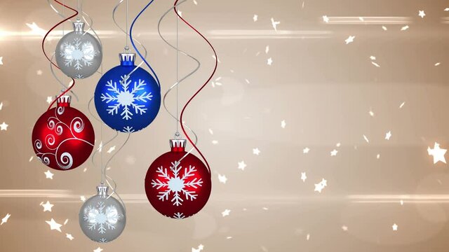 Animation of christmas boubles and stars falling over bright background with glowing light