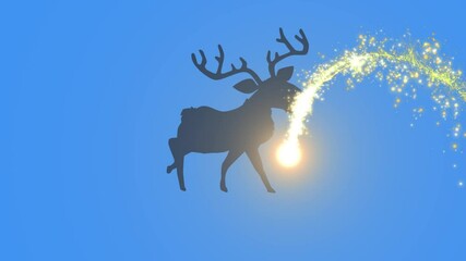Golden shooting star over silhouette of reindeer walking against blue background - Powered by Adobe