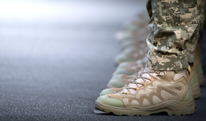 The soldiers' legs are dressed in ankle boots and camouflage pants.