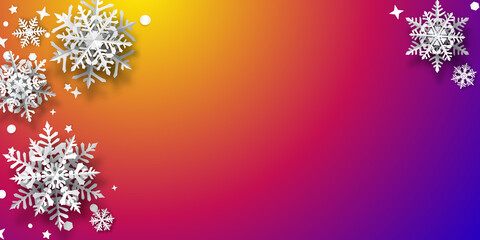 Christmas background of paper snowflakes with soft shadows, white on purple and orange background