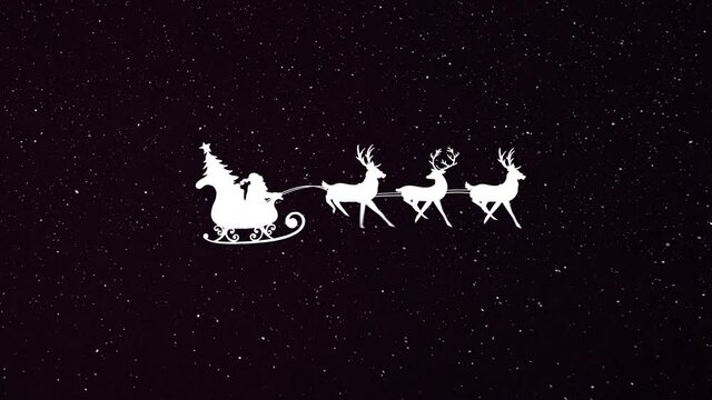 Snow falling over santa claus in sleigh being pulled by reindeers against black background