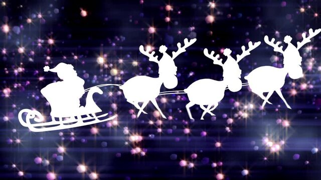 Animation of santa claus in sleigh with reindeer and glowing stars over dark background