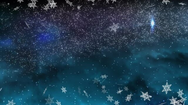 Animation of first star over snow falling on dark background