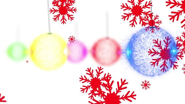 Animation of christmas baubles and red snowflakes on white background