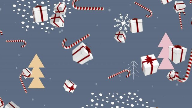 Animation of falling presents and candy canes over christmas scenery
