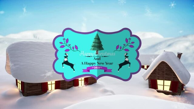 Animation of christmas greetings over houses in winter scenery