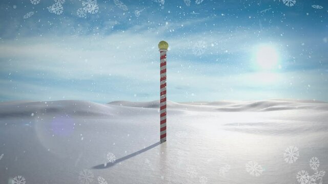 Animation of snow falling over winter scenery with north pole sign