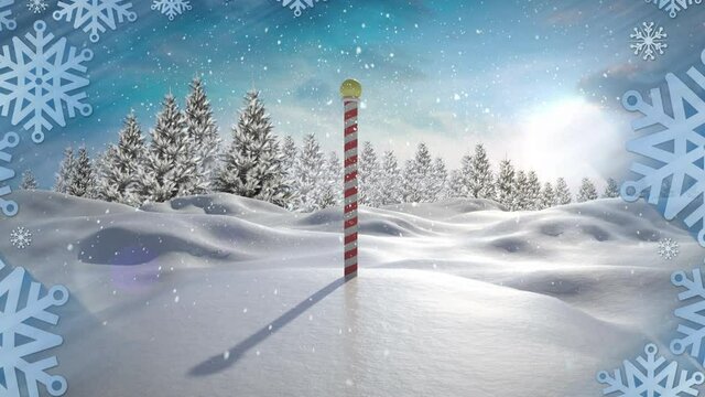 Animation of snow falling over winter scenery with north pole sign