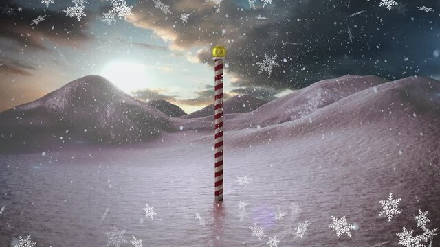 Animation of snow falling over winter scenery with north pole sign