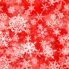Seamless pattern of complex Christmas snowflakes in red colors. Winter background with falling snow
