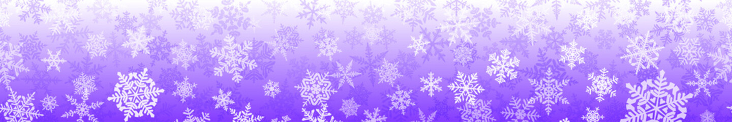 Banner of complex Christmas snowflakes with seamless horizontal repetition, in purple colors. Winter background with falling snow