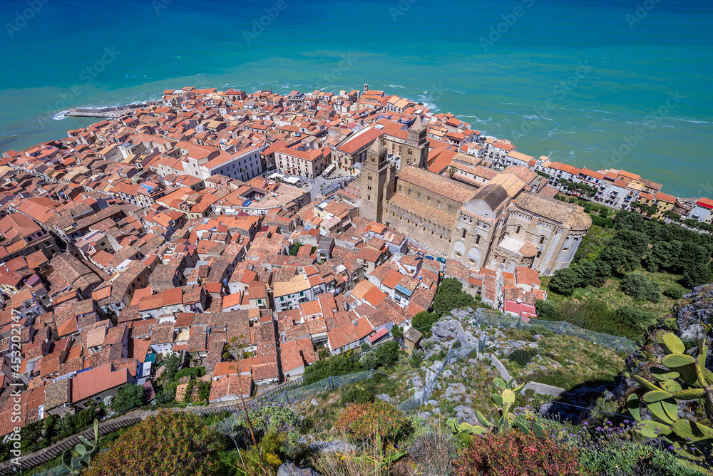 Poster Aerial view of historic part of Cefalu town on Sicily Island in Italy