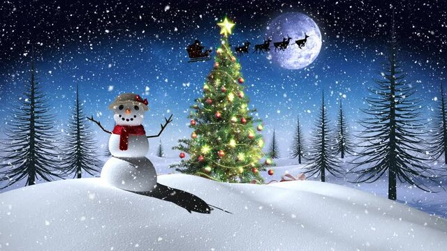 Animation of snowman, christmas tree and santa claus in sleigh with reindeer over winter landscape