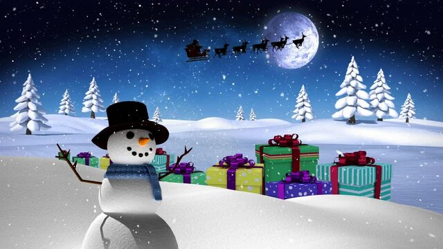 Animation of snowman, presents and santa claus in sleigh with reindeer over winter landscape