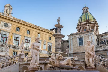 Papier Peint photo Lavable Palerme Praetorian Fountain and Palace and San Giuseppe dei Teatini church on so called Square of Shame in Palermo city, Sicily Island, Italy