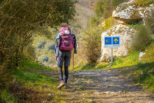 MOLINASECA, SPAIN - MARCH 07, 2020 - Pilgrim Girl Hiking in Mountain Forest Hills on Path on the Way of St James Pilgrimage Trail Camino de Santiago