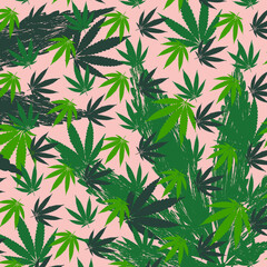 Fototapeta na wymiar Cannabis green color seamless pattern on pink background. Attrition texture.