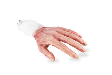 Realistic artificial severed dead human hand with bandage, isolated on white background