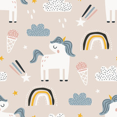 Seamless pattern with cute unicorns and decorative elements of flowers, clouds, rainbows and ice cream isolated on a pastel background. Vector illustration for printing on fabric, packaging paper © Мария Бондаренко