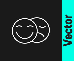 White line Comedy and tragedy theatrical masks icon isolated on black background. Vector