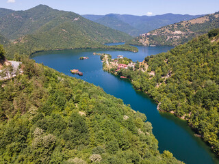 Fototapeta na wymiar Aerial view of The Vacha (Antonivanovtsi) Reservoir, Region, Bulgaria